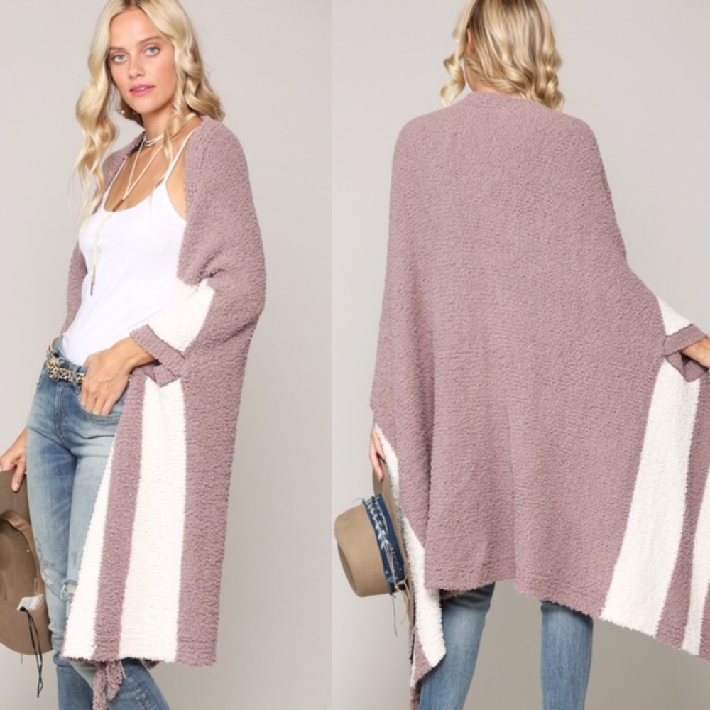 #22 Cozy Stripe Fringe Oversized Open Front Cardigan - Picture 2 of 2
